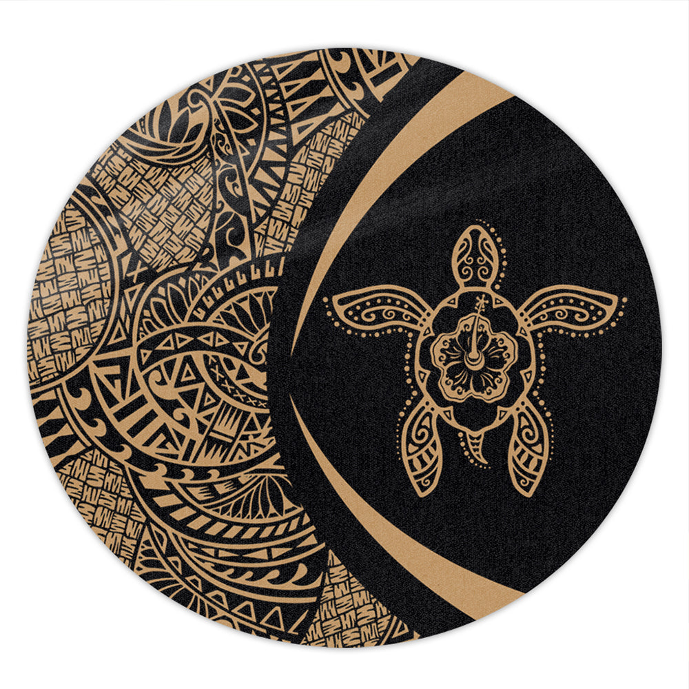 Hawaii Round Rug Turtle Hibiscus Lauhala Black Gold Circle
