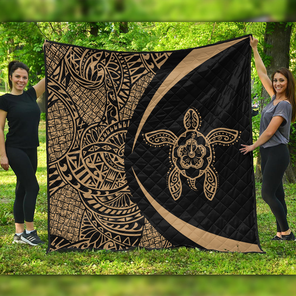 Hawaii Premium Quilt Turtle Hibiscus Lauhala Black Gold Circle