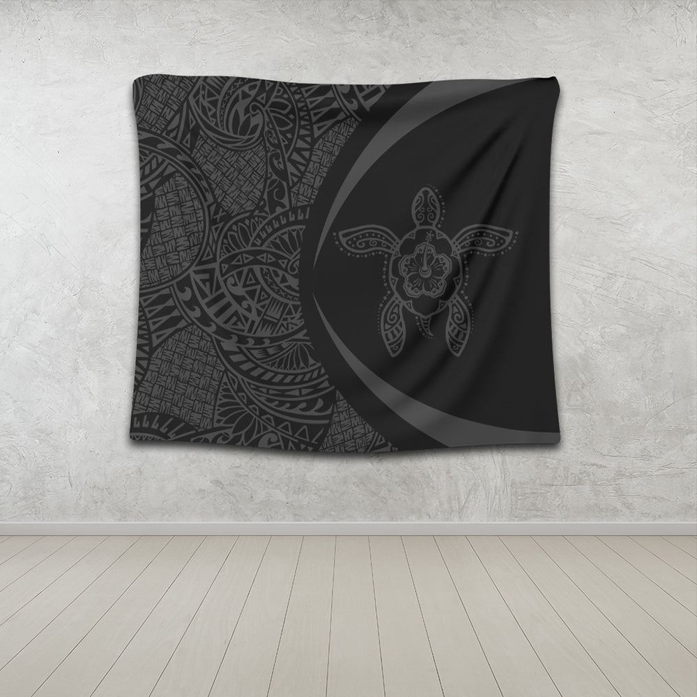 Hawaii Tapestry Turtle Hibiscus Lauhala Black Gray Circle