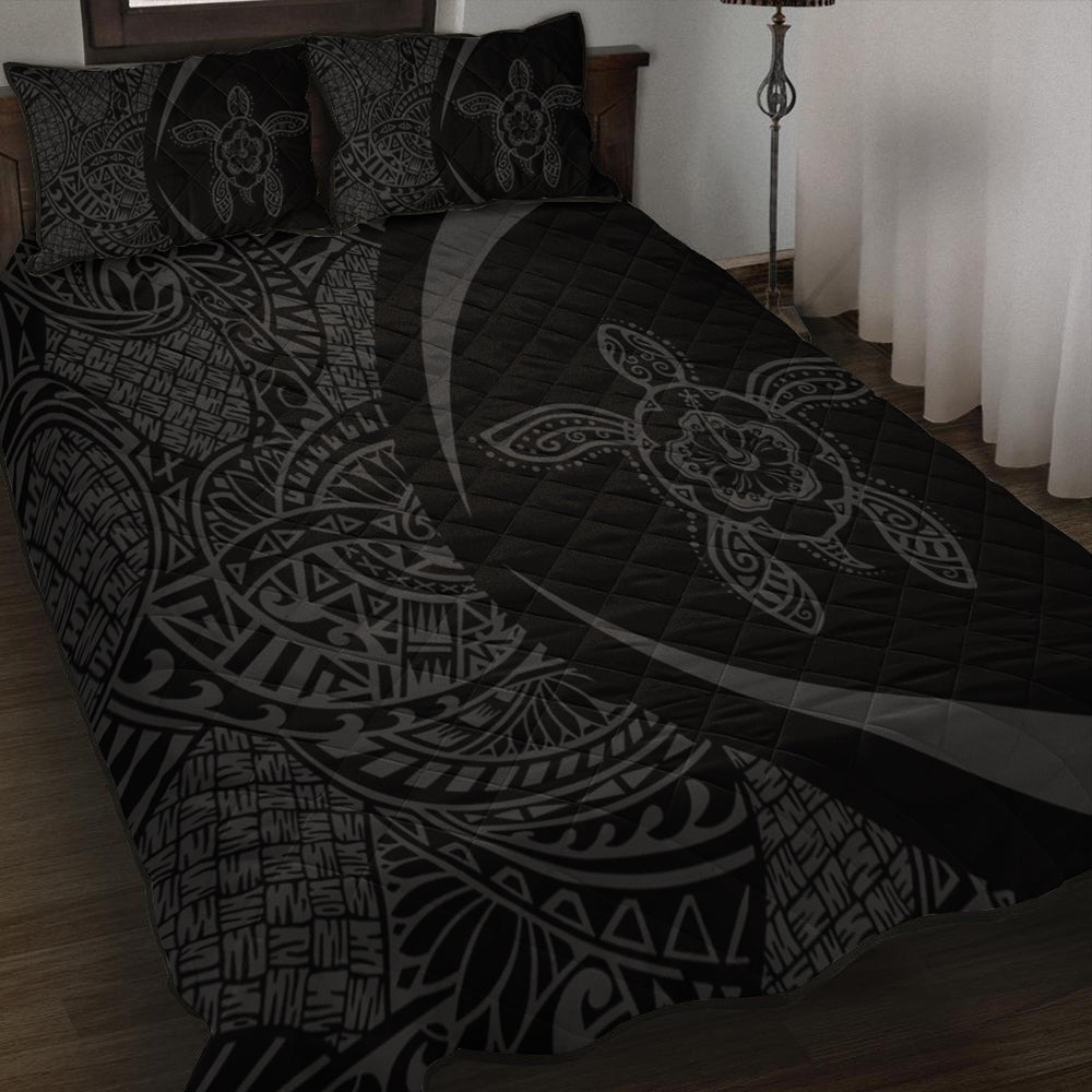 Hawaii Quilt Bed Set Turtle Hibiscus Lauhala Black Gray Circle