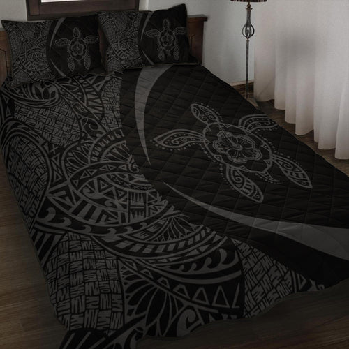 Hawaii Quilt Bed Set Turtle Hibiscus Lauhala Black Gray Circle