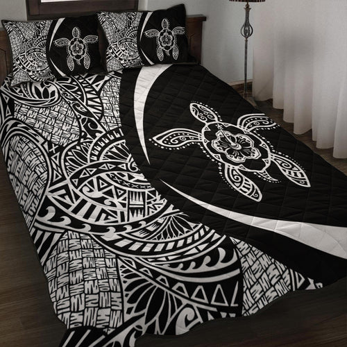 Hawaii Quilt Bed Set Turtle Hibiscus Lauhala Black White Circle