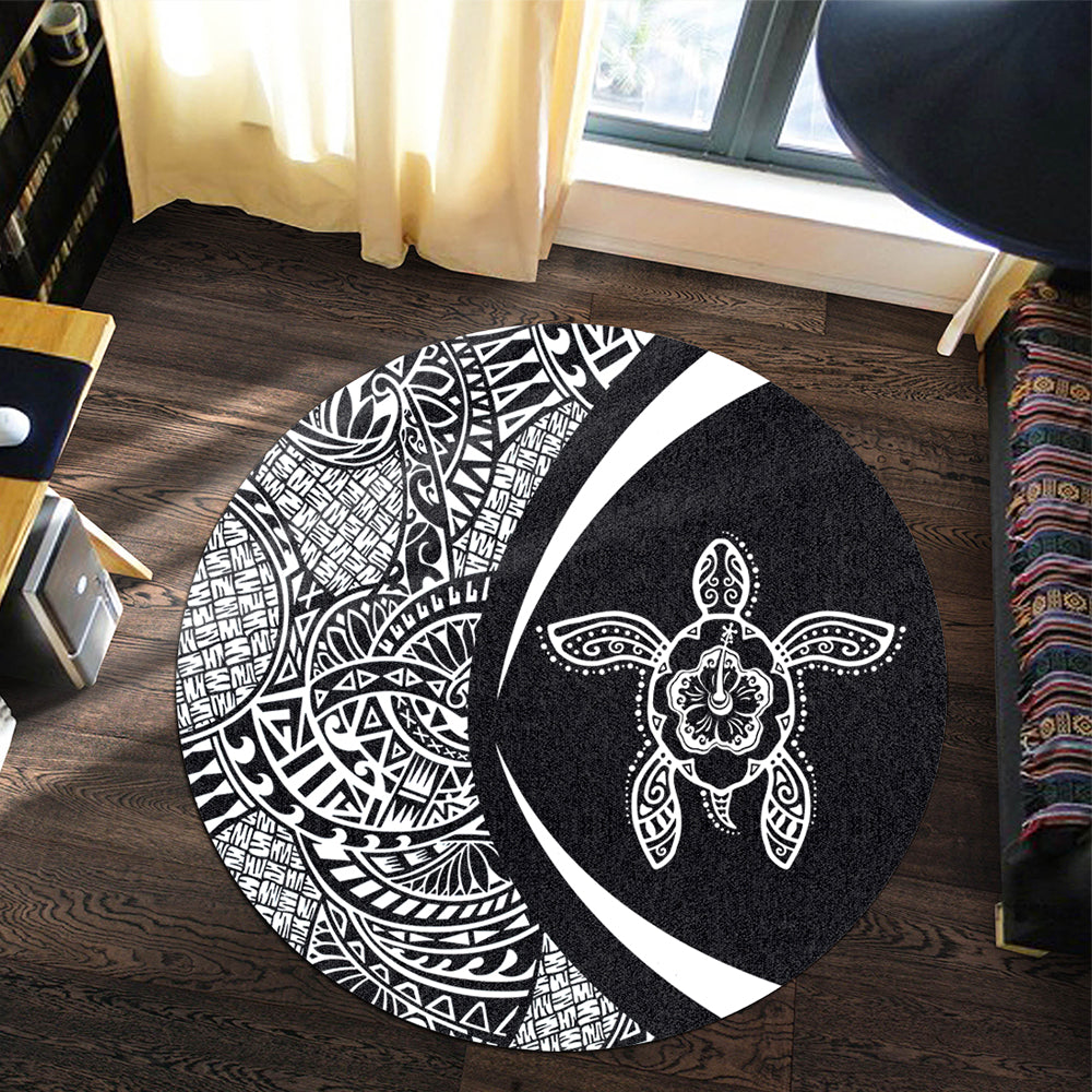 Hawaii Round Rug Turtle Hibiscus Lauhala Black White Circle
