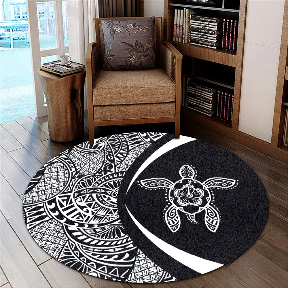 Hawaii Round Rug Turtle Hibiscus Lauhala Black White Circle