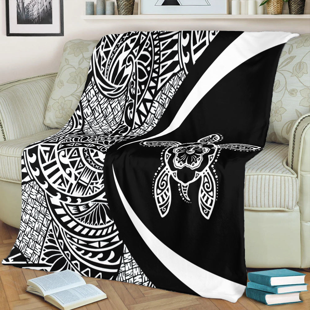 Hawaii Premium Blanket Turtle Hibiscus Lauhala Black White Circle