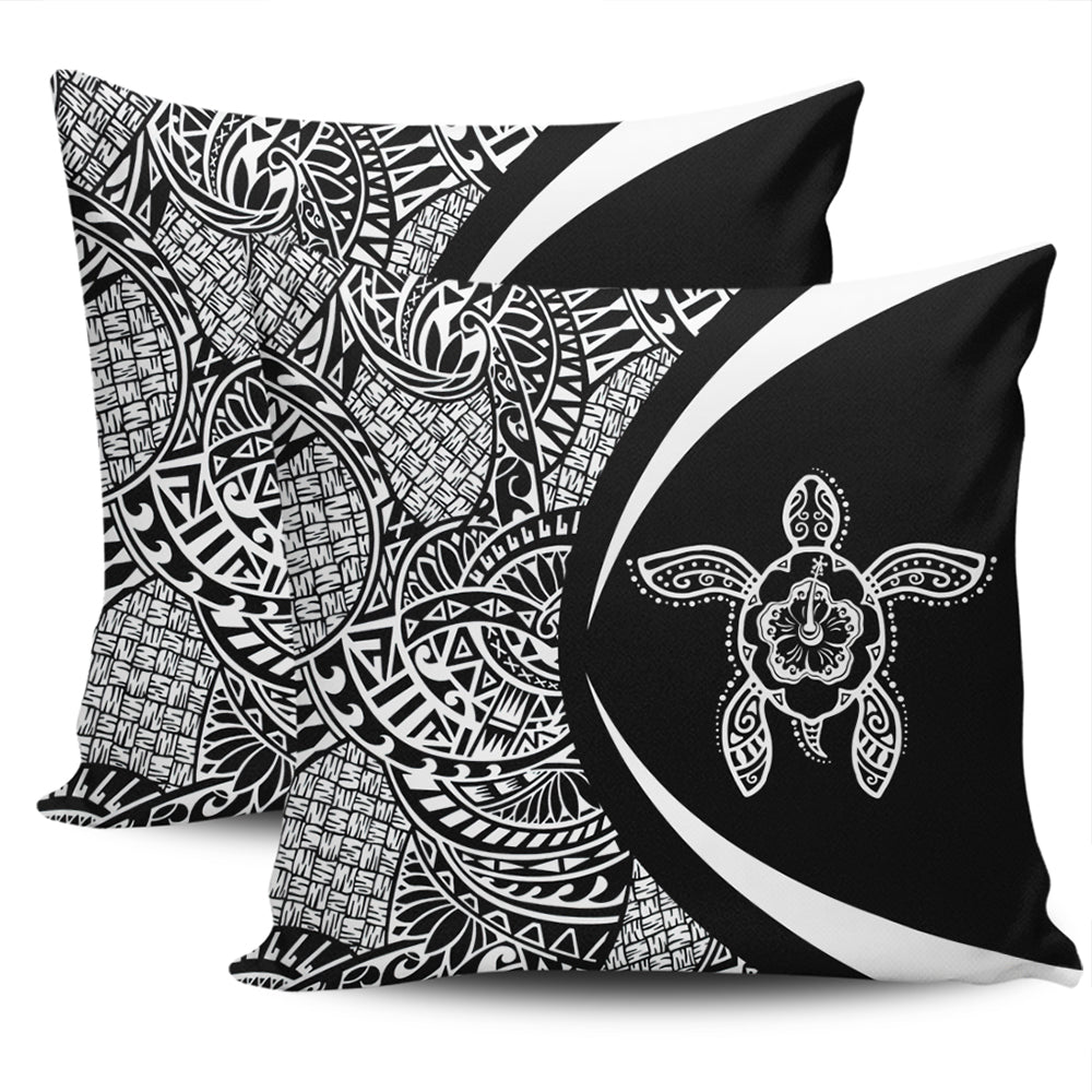 Hawaii Pillow Cover Turtle Hibiscus Lauhala Black White Circle
