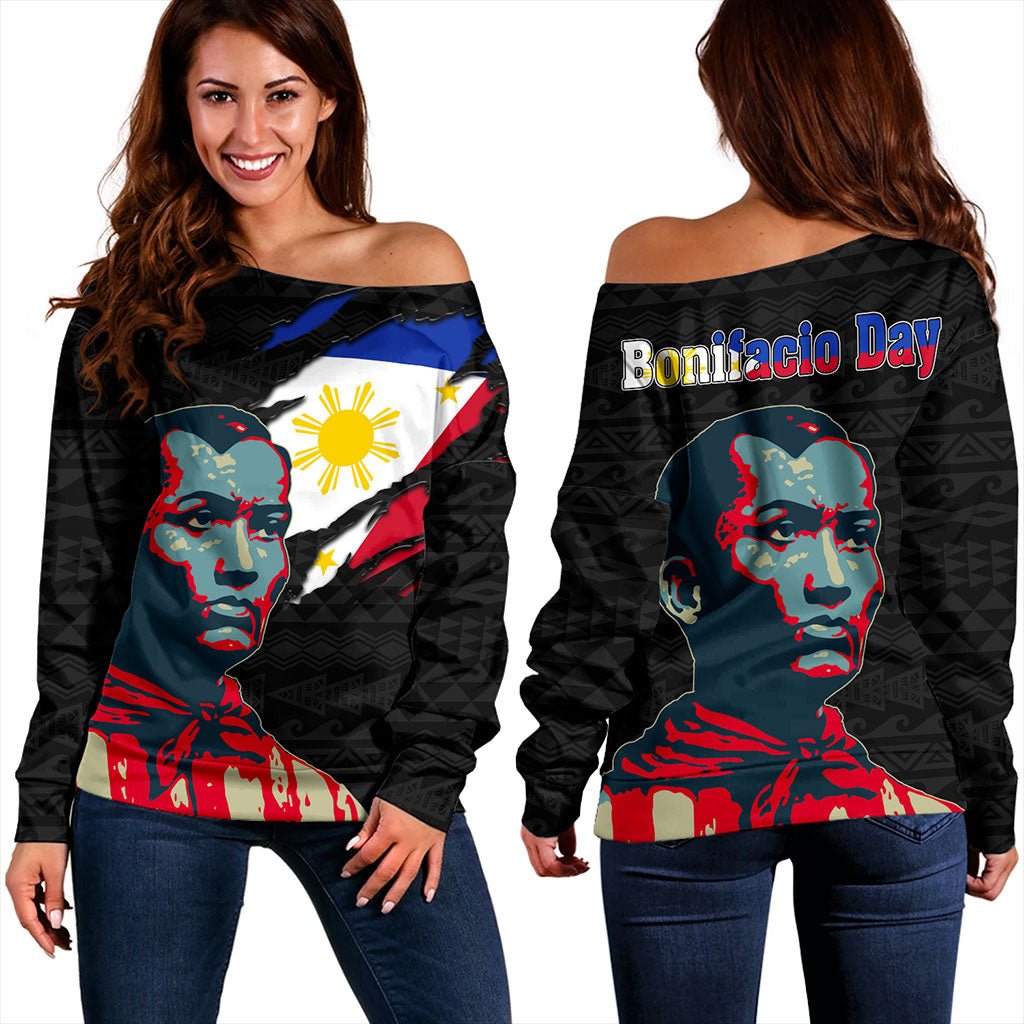 Philippines Filipinos Off Shoulder Sweatshirt Bonifacio Day Tribal Crack Style