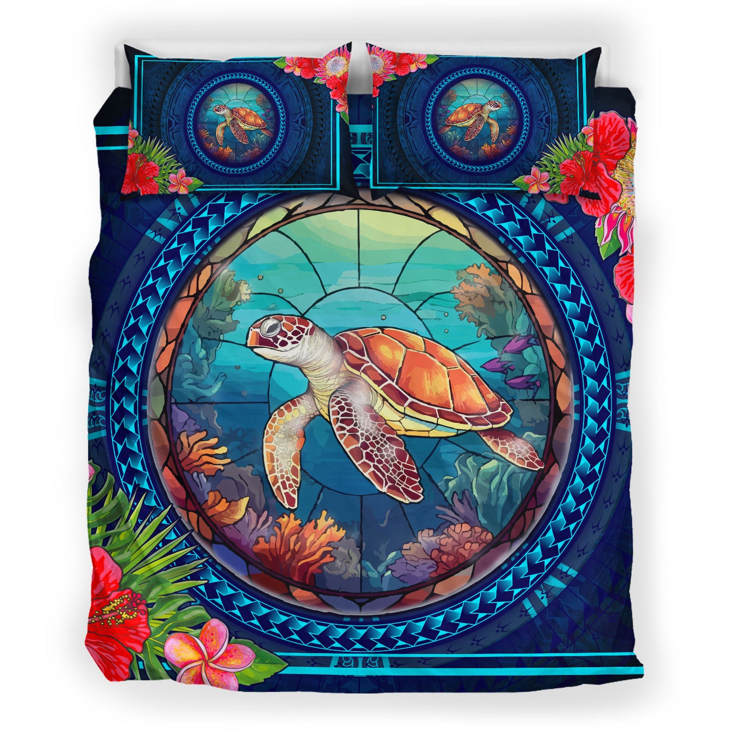 Hawaii Bedding Set Polynesian Patterns Turtle Mascot WaterColor Style