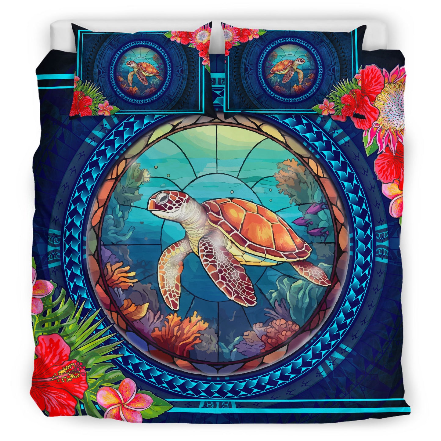 Hawaii Bedding Set Polynesian Patterns Turtle Mascot WaterColor Style