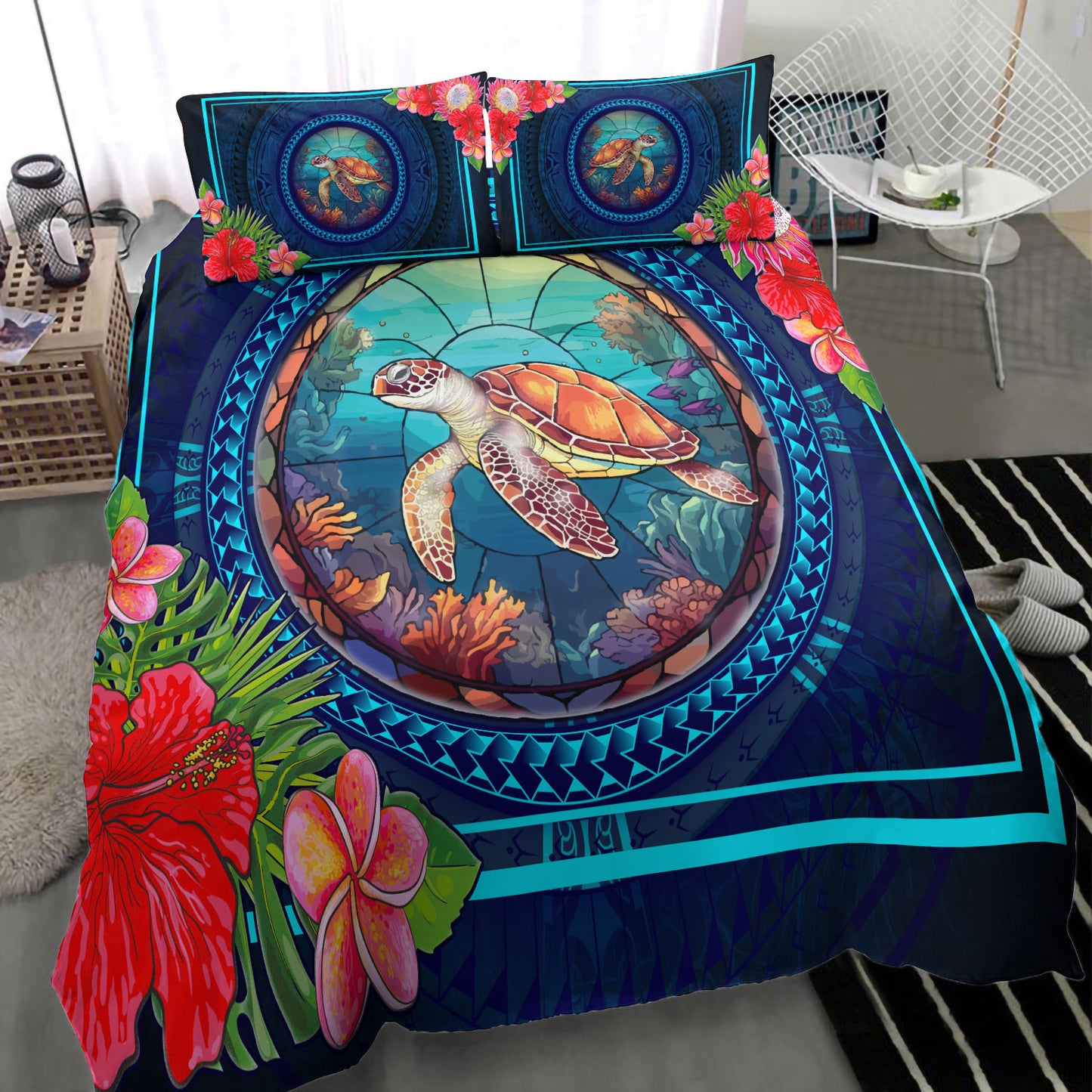 Hawaii Bedding Set Polynesian Patterns Turtle Mascot WaterColor Style