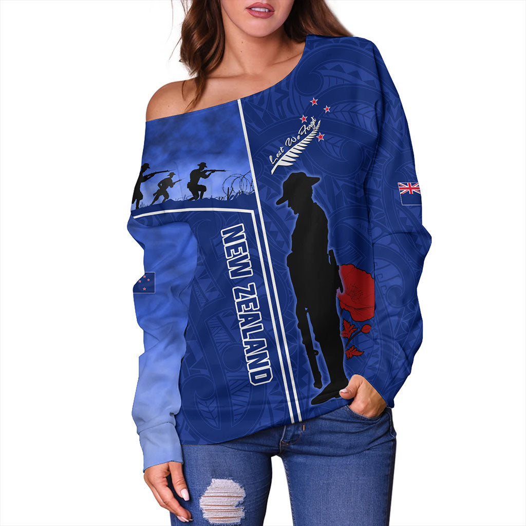 New Zealand Off Shoulder Sweatshirt Anzac Day Lest We Forget Poppy