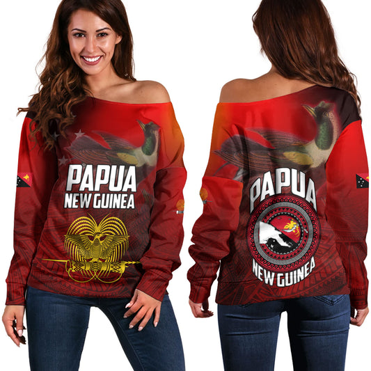 Papua New Guinea Off Shoulder Sweatshirt Paradisaea Bird Traditional Patterns Style