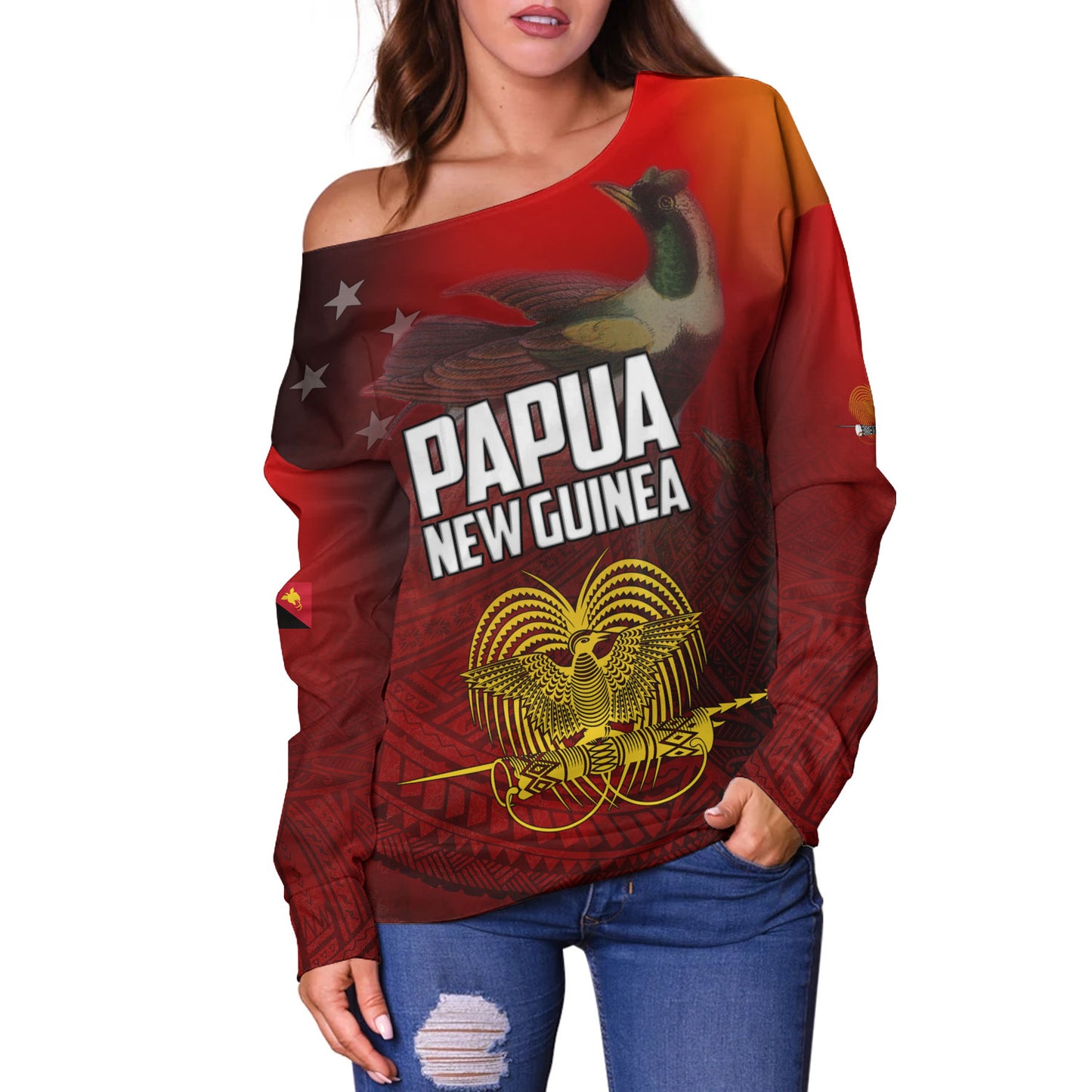 Papua New Guinea Off Shoulder Sweatshirt Paradisaea Bird Traditional Patterns Style