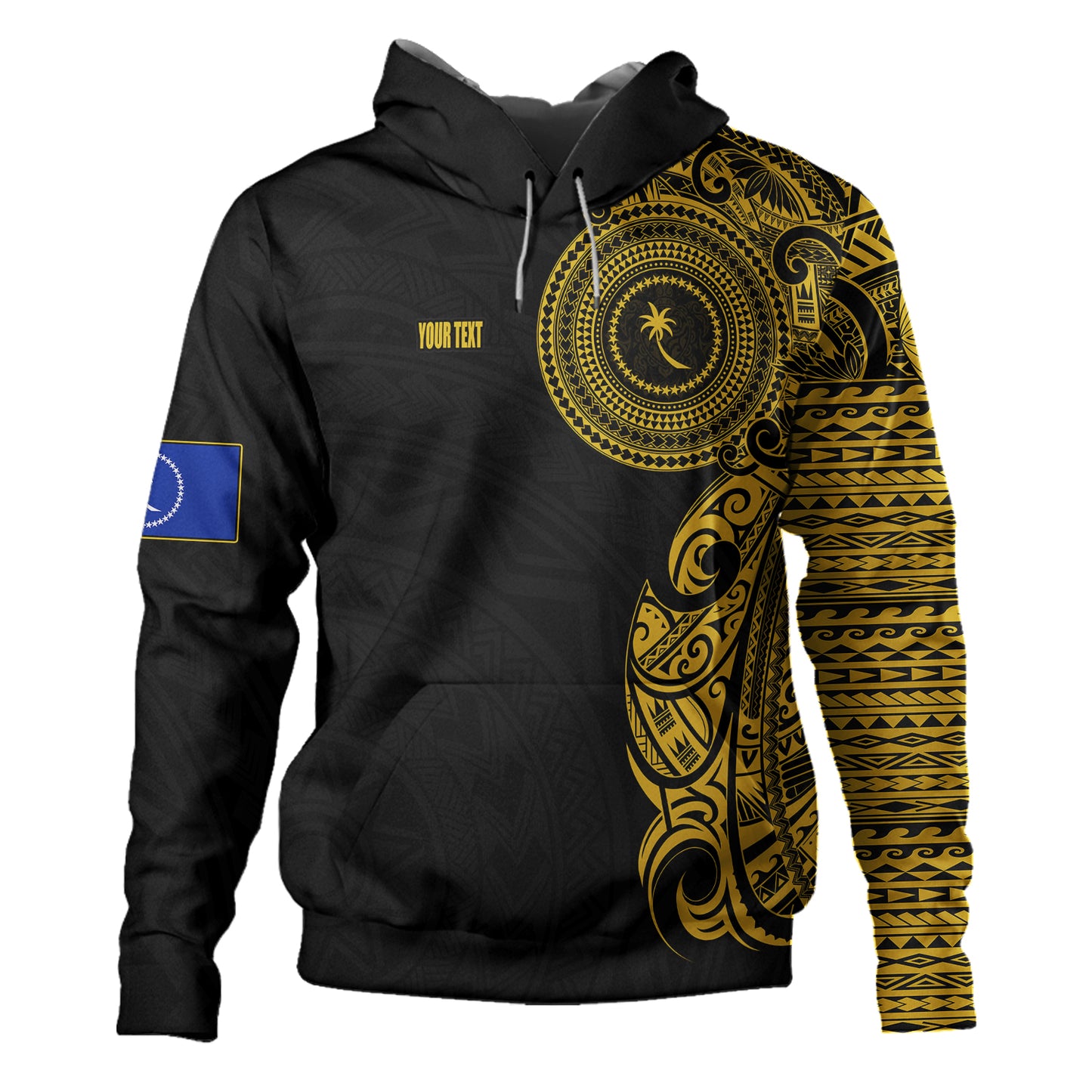 Chuuk State Hoodie Custom Polynesian Half Sleeve Gold Tattoo With Seal Black