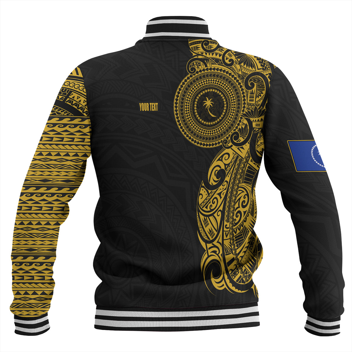 Chuuk State Baseball Jacket Custom Polynesian Half Sleeve Gold Tattoo With Seal Black