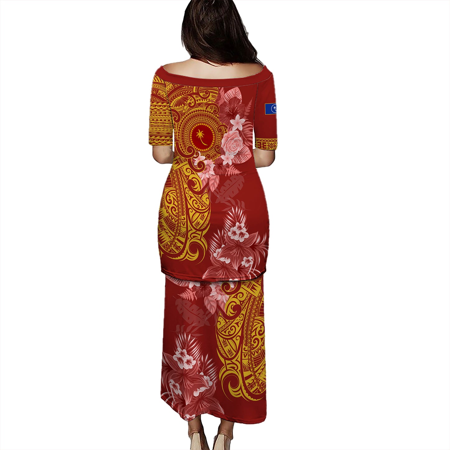 Chuuk State Combo Puletasi And Shirt Polynesian Tropical Plumeria Tribal Red