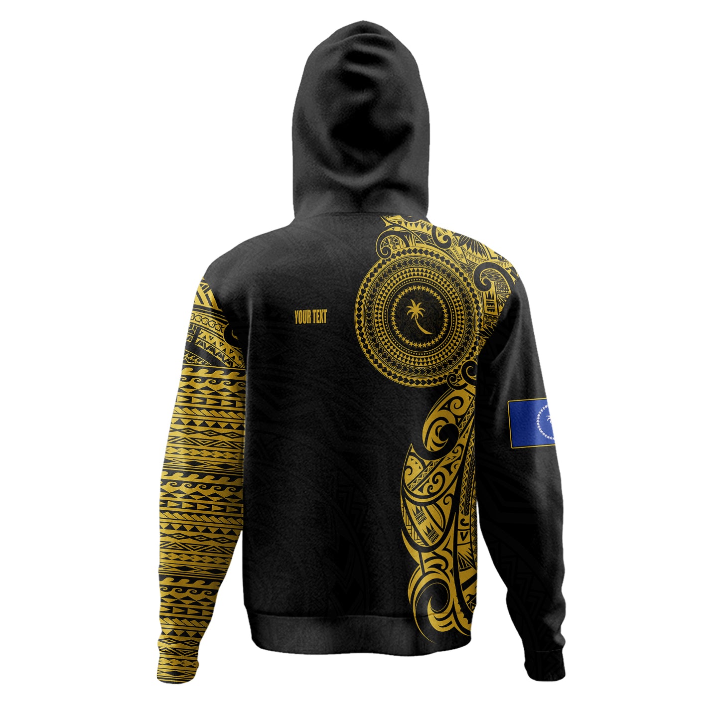 Chuuk State Hoodie Custom Polynesian Half Sleeve Gold Tattoo With Seal Black