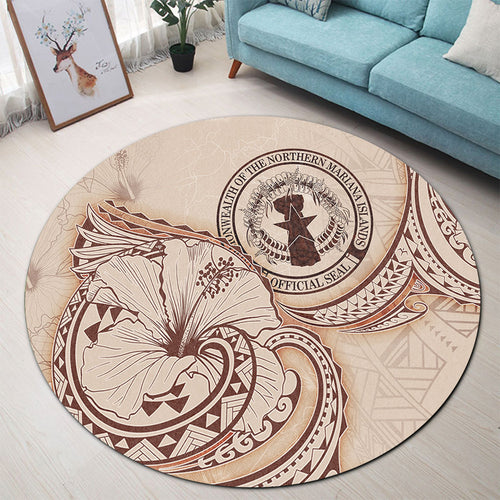 Northern Mariana Islands Round Rug Hibiscus Flower Vintage Style