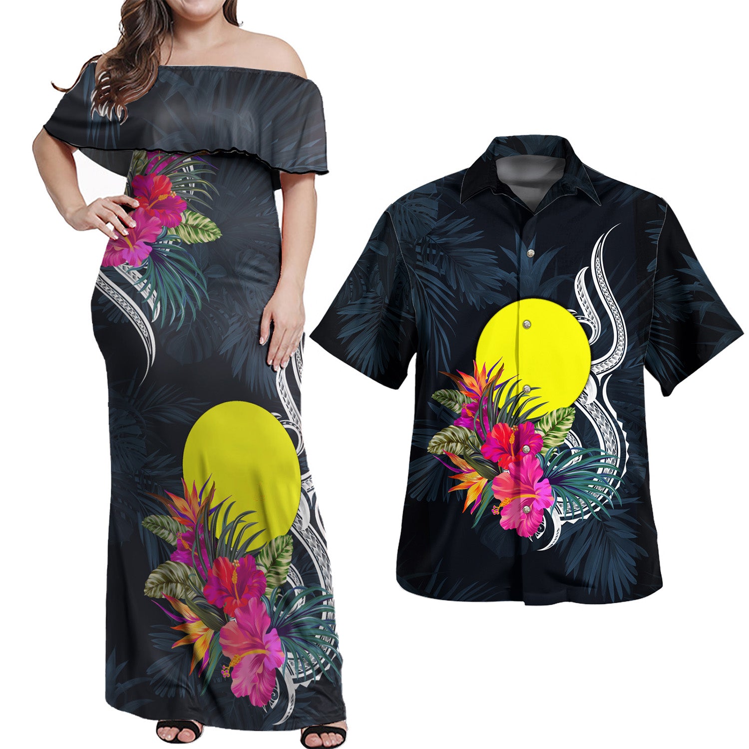 Palau Combo Off Shoulder Long Dress And Shirt Tropical Flower