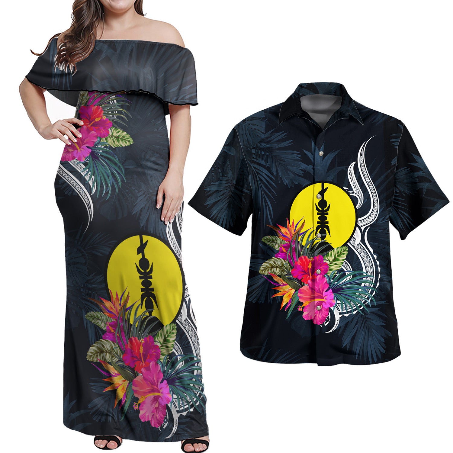 New Caledonia Combo Off Shoulder Long Dress And Shirt Tropical Flower