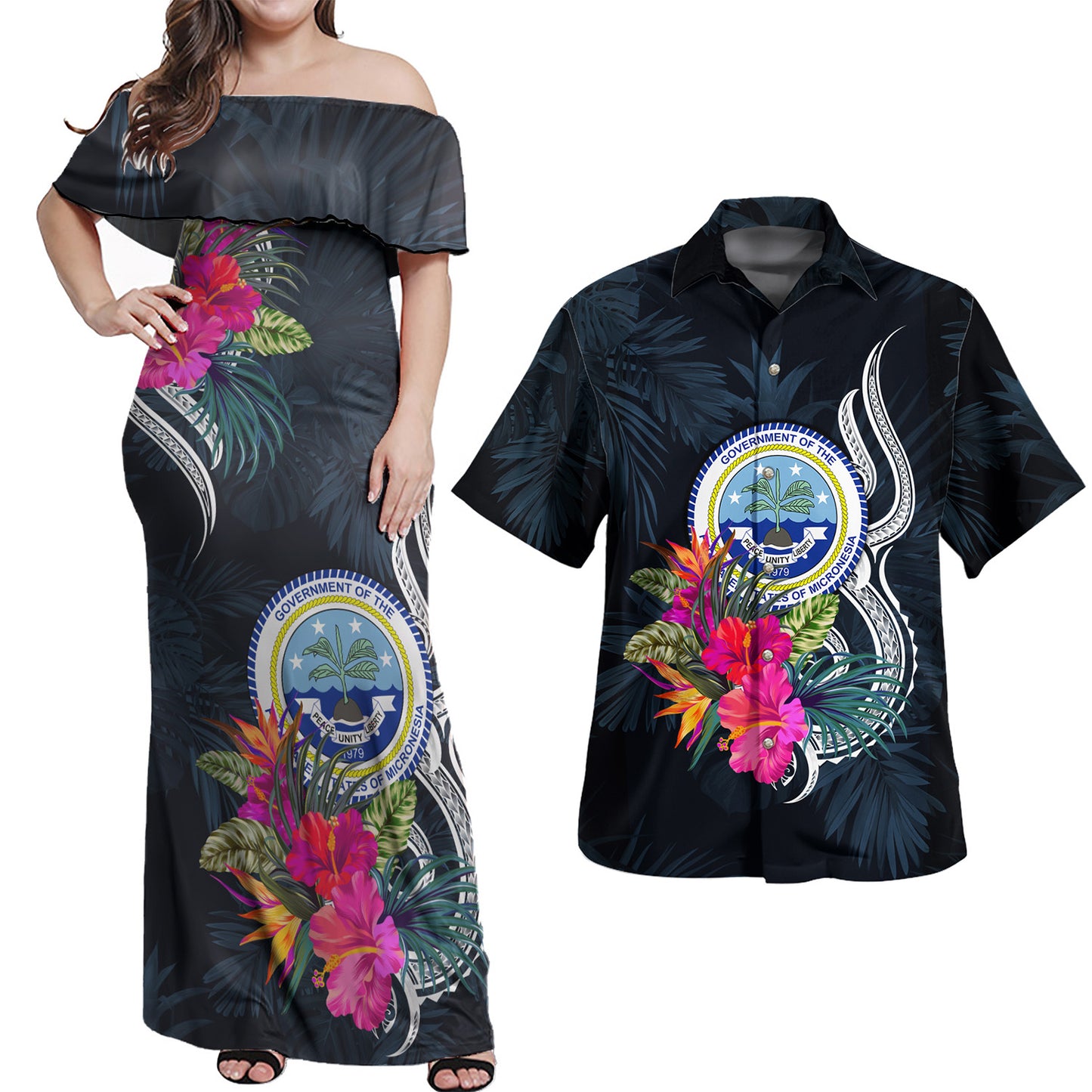 Federated States Of Micronesia Combo Off Shoulder Long Dress And Shirt Tropical Flower