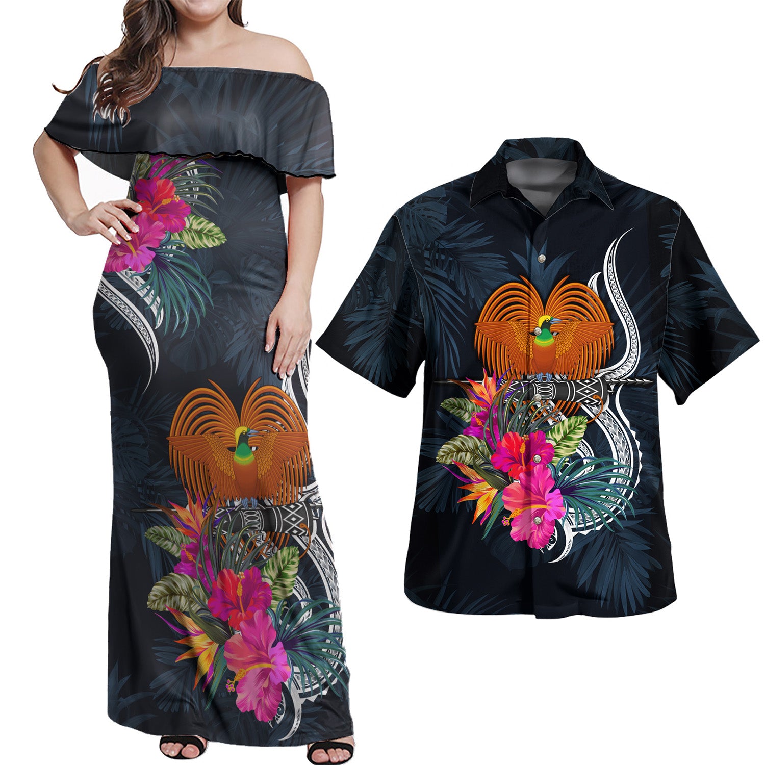 Papua New Guinea Combo Off Shoulder Long Dress And Shirt Tropical Flower