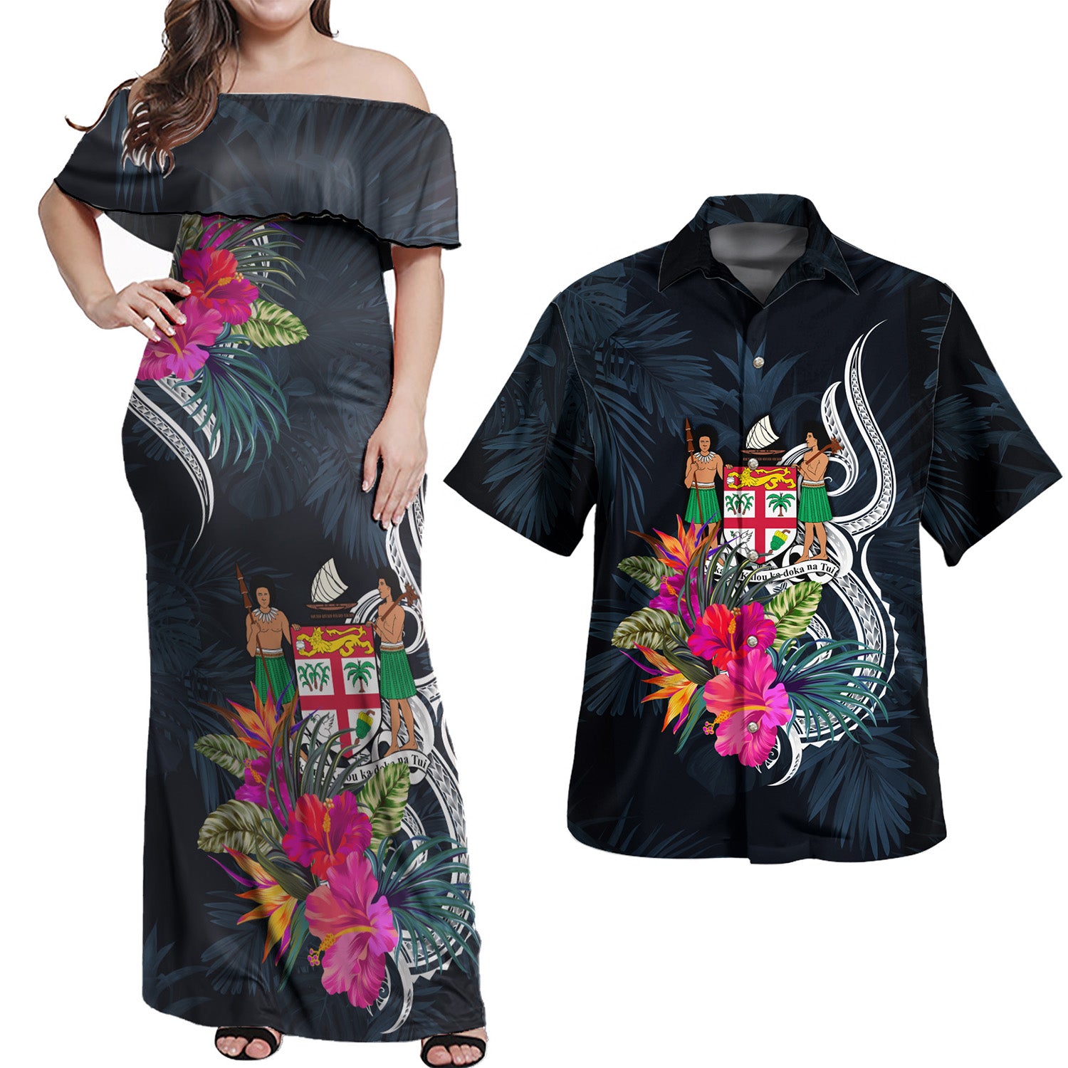 Fiji Combo Off Shoulder Long Dress And Shirt Tropical Flower