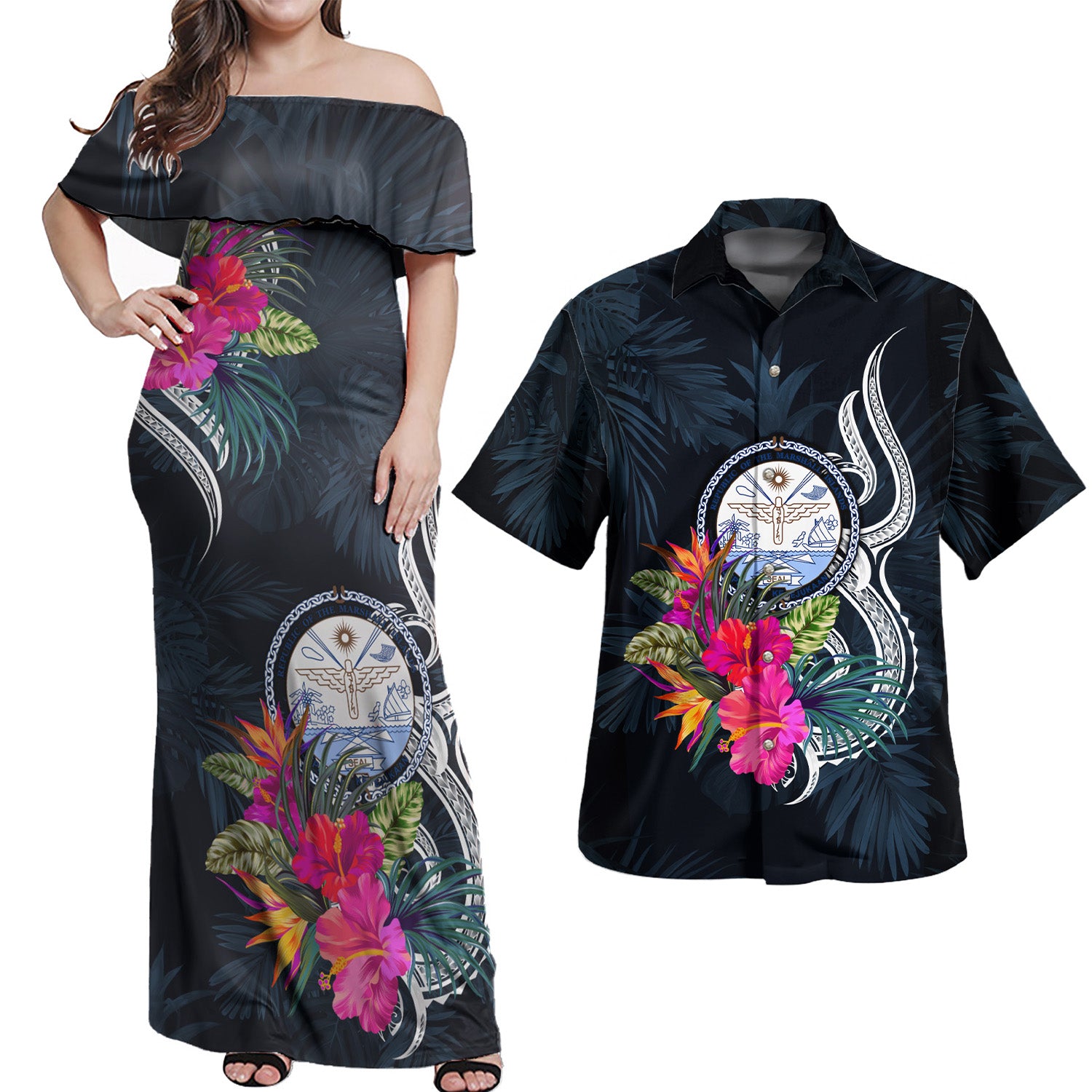 Marshall Islands Combo Off Shoulder Long Dress And Shirt Tropical Flower