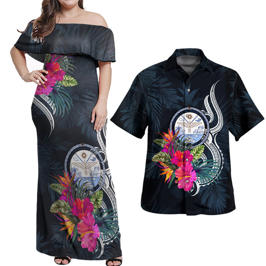 Marshall Islands Combo Off Shoulder Long Dress And Shirt Tropical Flower