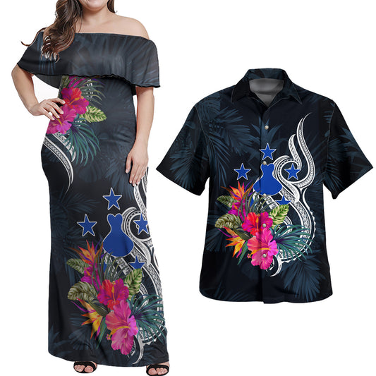 Austral Islands Combo Off Shoulder Long Dress And Shirt Tropical Flower