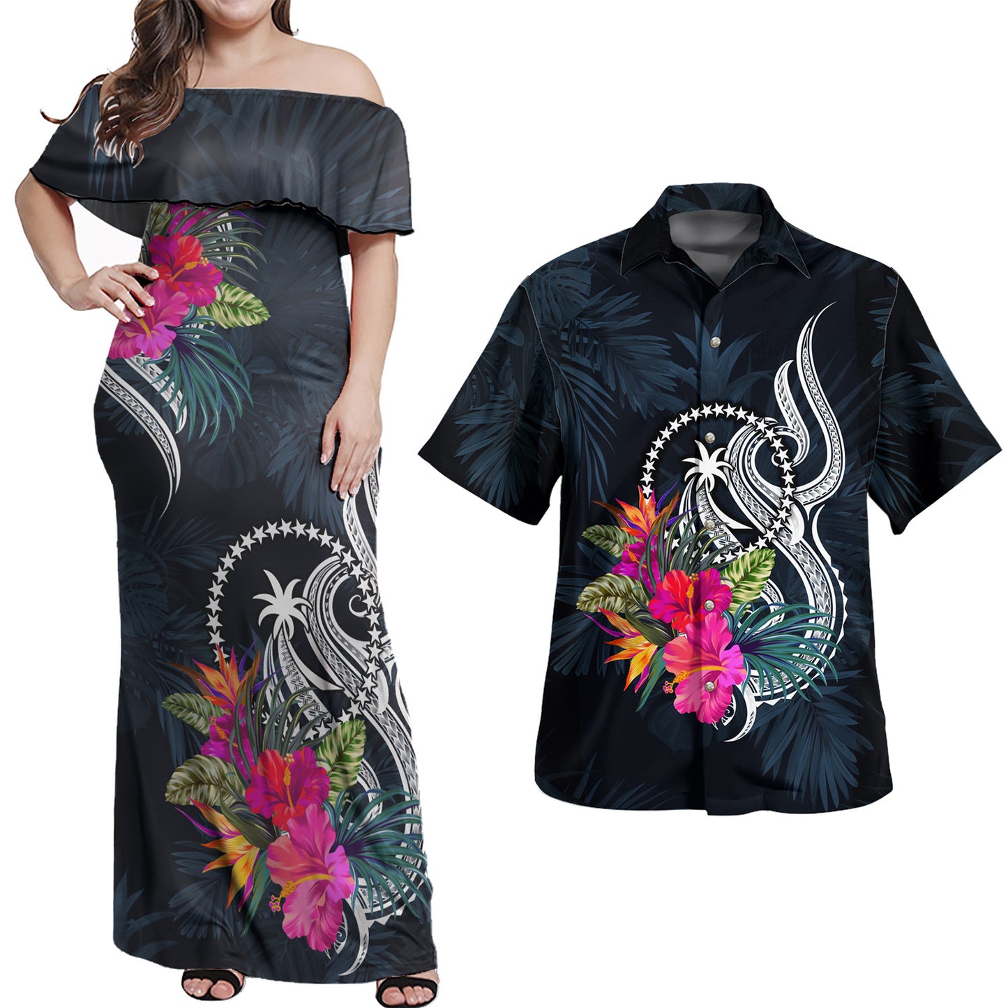 Chuuk State Combo Off Shoulder Long Dress And Shirt Tropical Flower