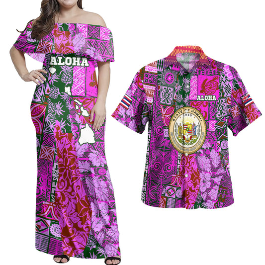 Hawaii Combo Dress And Hawaiian Shirt - Hawaiian style tapa fabric patchwork abstract vintage with Hawaii map