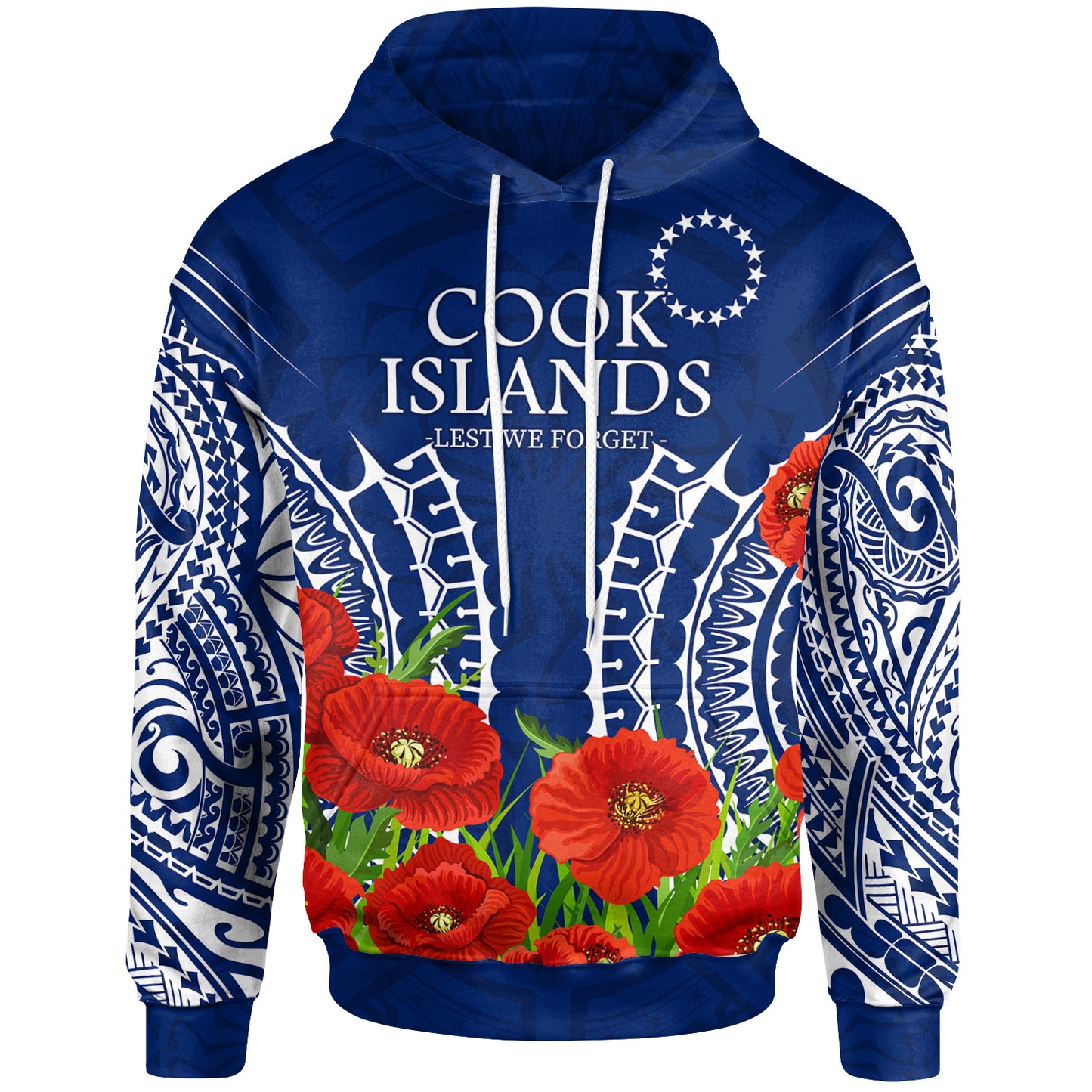 Cook Islands Anzac Hoodie - Lest We Forget Polyneisnan Tribal Pattern Poppy Flower