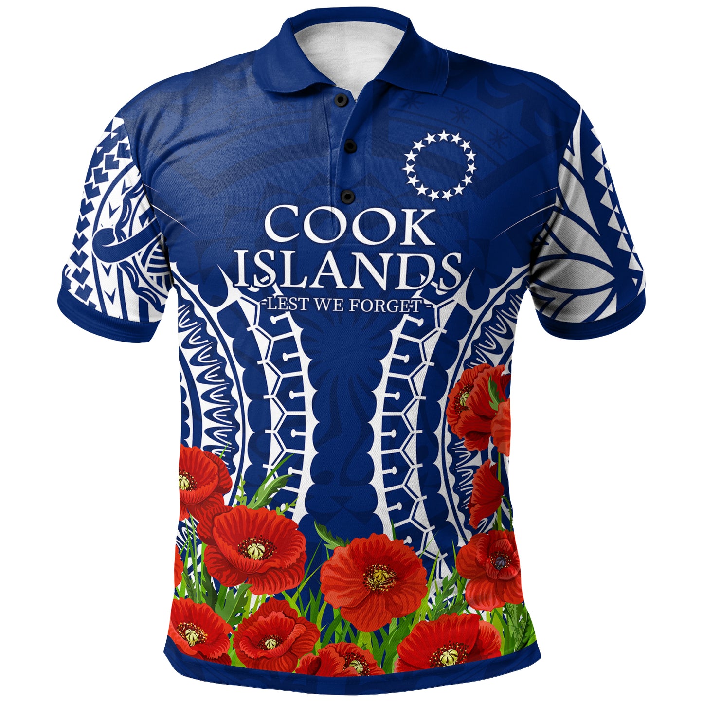 Cook Islands Anzac Polo Shirt - Lest We Forget Polyneisnan Tribal Pattern Poppy Flower