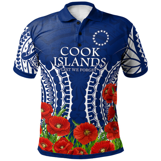 Cook Islands Anzac Polo Shirt - Lest We Forget Polyneisnan Tribal Pattern Poppy Flower