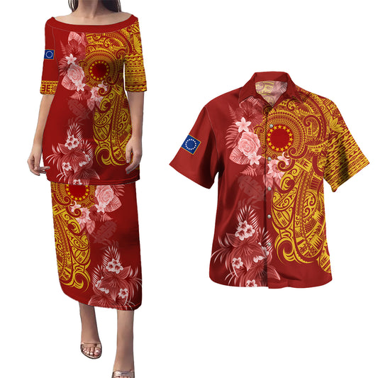Cook Islands Combo Puletasi And Shirt Polynesian Tropical Plumeria Tribal Red