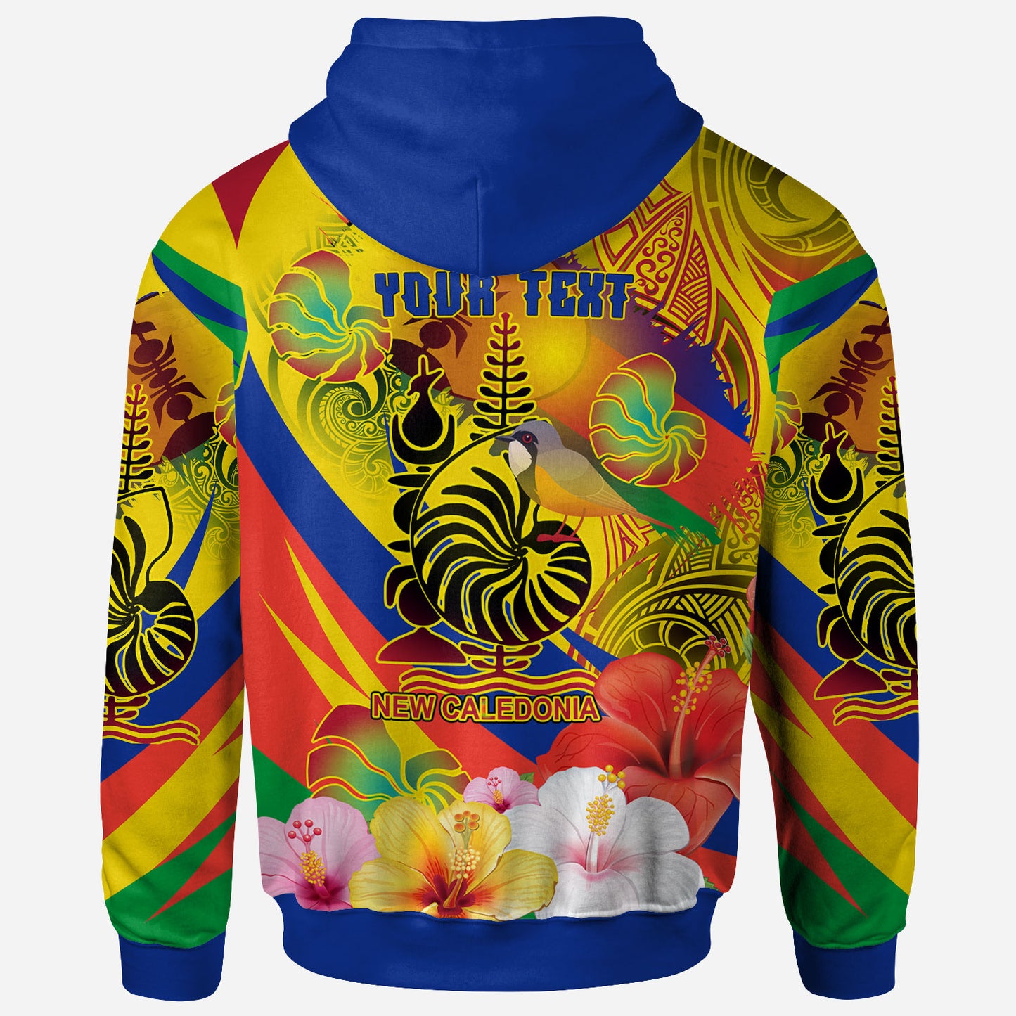 New Caledonia Hoodie - Custom Emblem of New Caledonia with Rufous whistler And Hibiscus Polynesian Hoodie