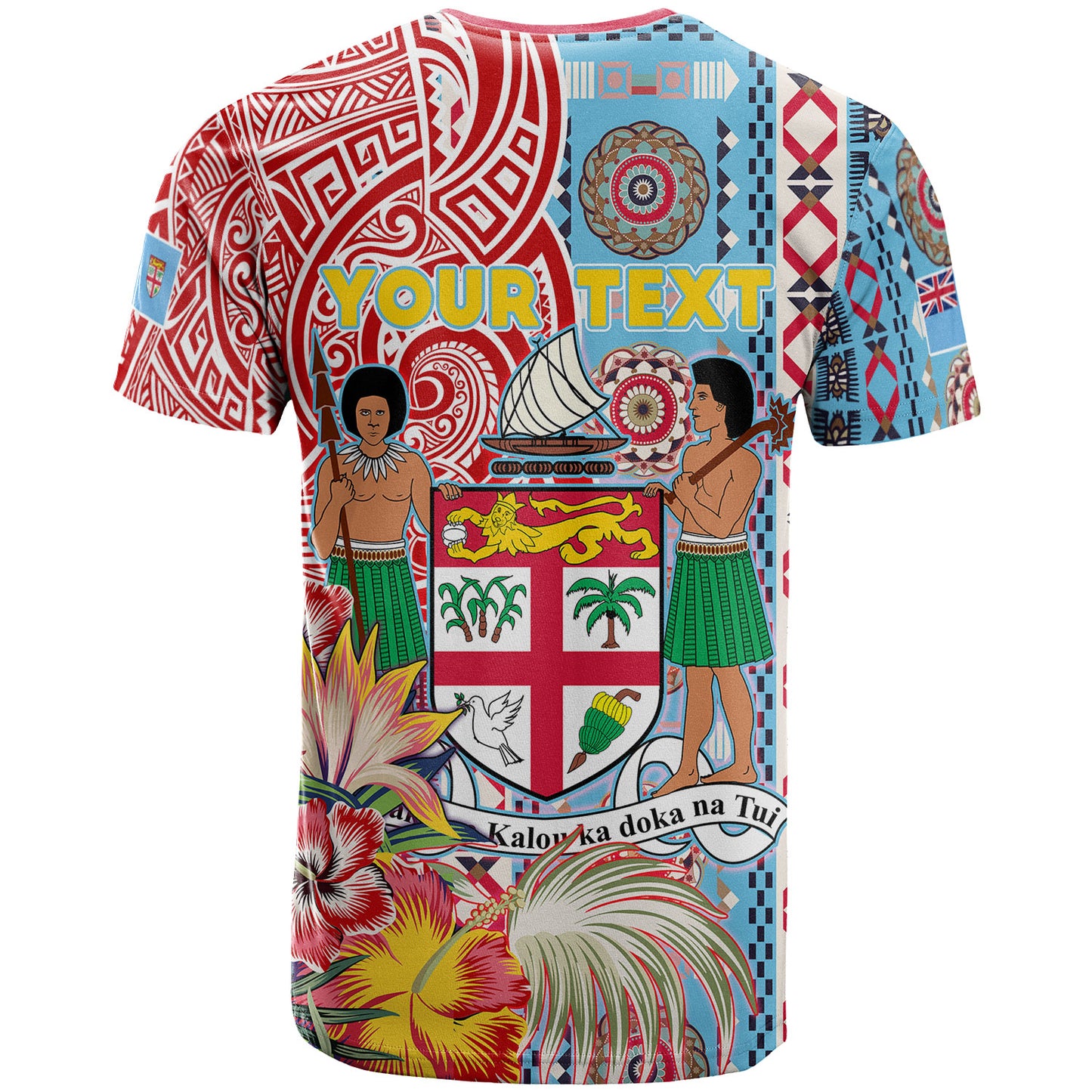 Fiji Polynesian T-shirt - Custom Fiji Coat of Arms With Tapa Patterns And Tribal Hibiscus T-shirt