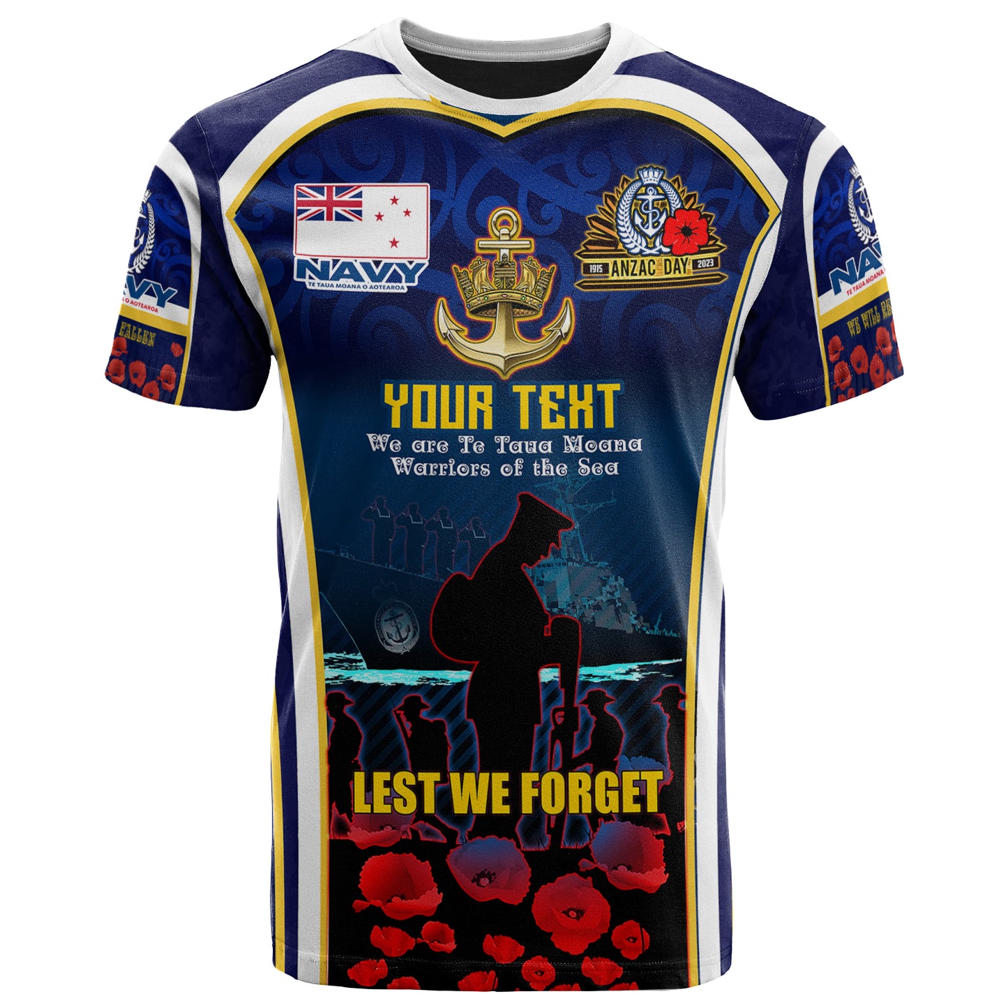 New Zealand T-Shirt Custom Anzac Day Royal New Zealand Navy Te Taua Moana o Aotearoa