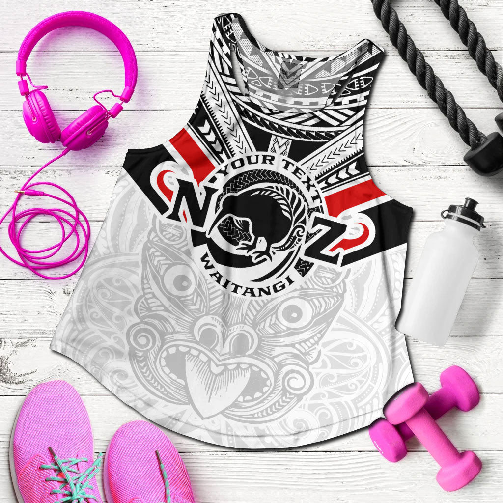 New Zealand Waitangi Day Women Racerback Tank - New Zealand Kiwi Fern With Maori Koru Spiral White