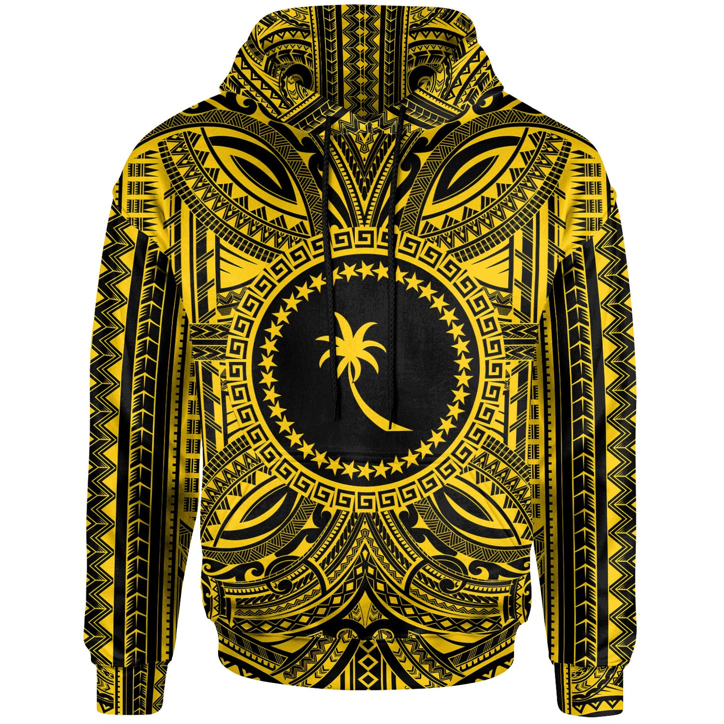 Chuuk All Over Hoodie - Chuuk Coat Of Arms Polynesian Gold Black