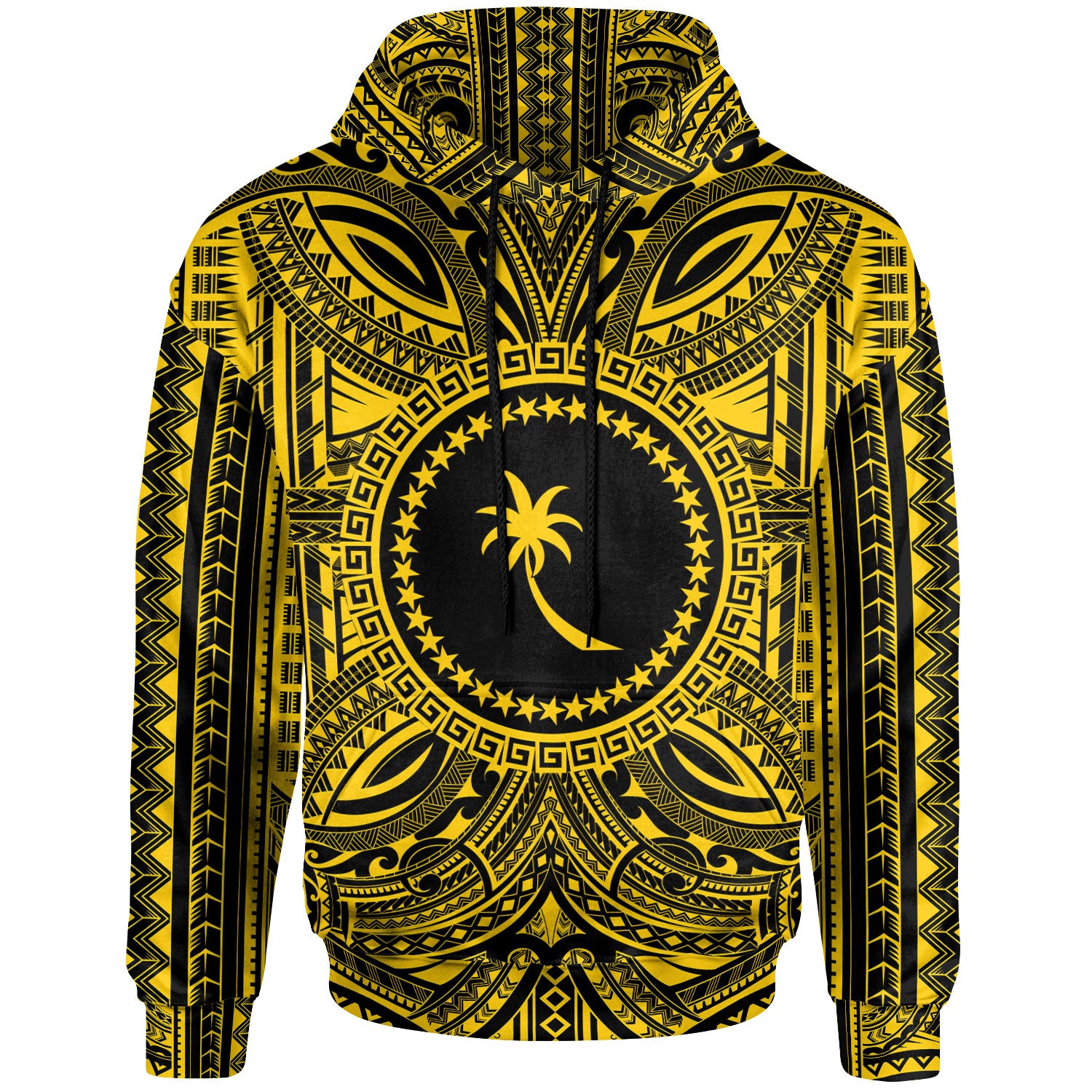 Chuuk All Over Hoodie - Chuuk Coat Of Arms Polynesian Gold Black