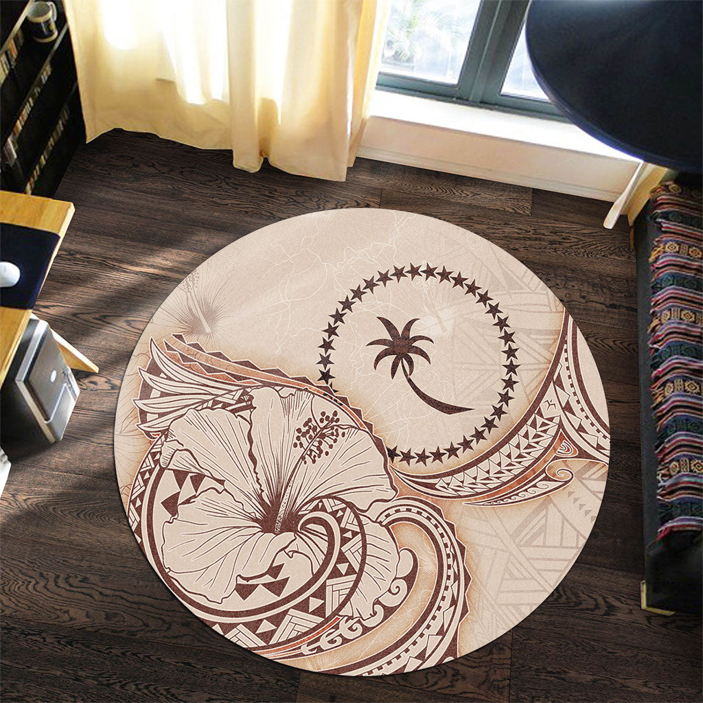 Chuuk State Round Rug Hibiscus Flower Vintage Style