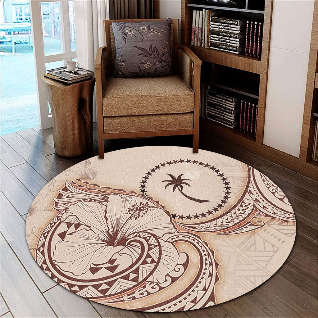 Chuuk State Round Rug Hibiscus Flower Vintage Style
