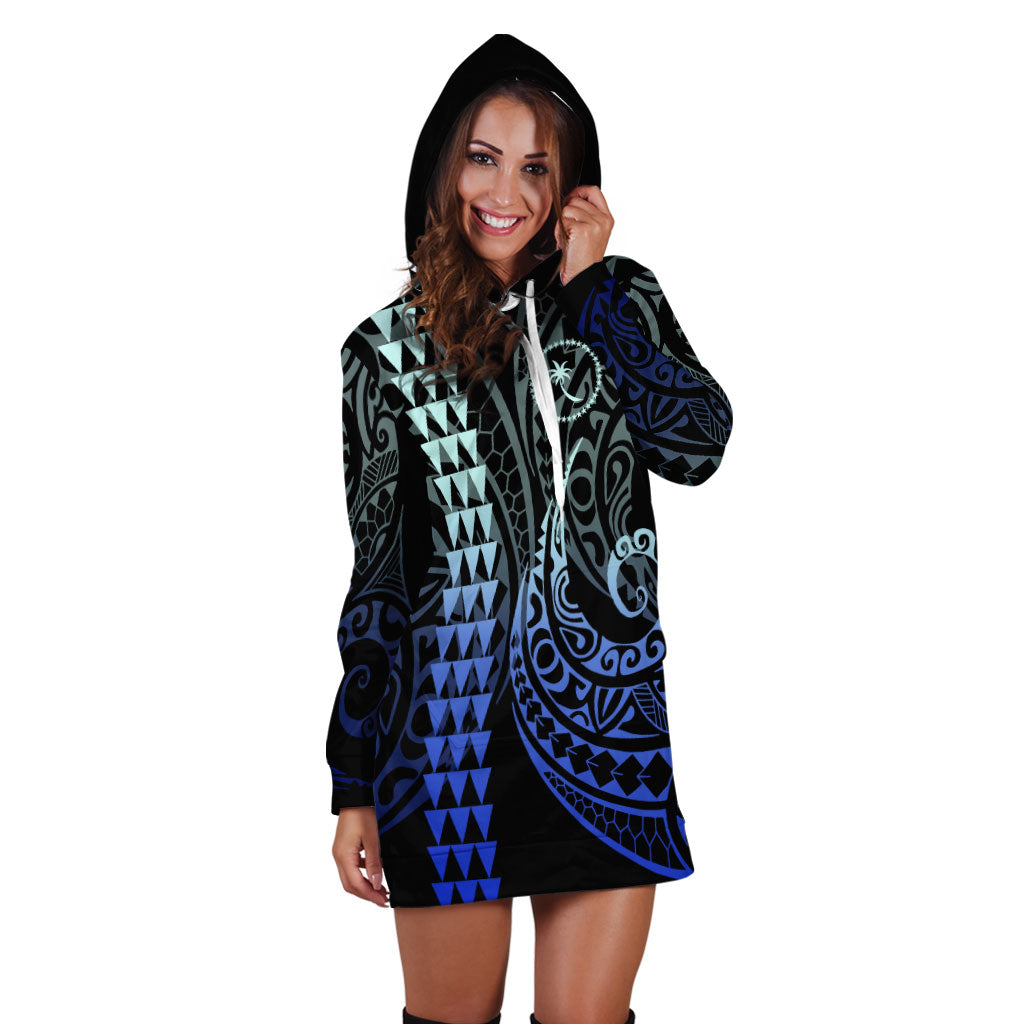 Chuuk State Hoodie Dress Kakau Style Gradient Blue