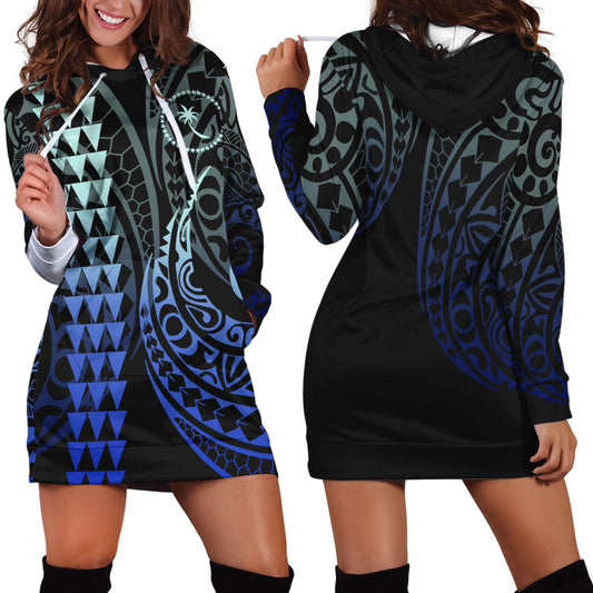 Chuuk State Hoodie Dress Kakau Style Gradient Blue