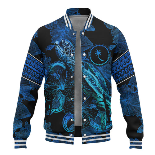 Chuuk State Baseball Jacket Sea Turtle With Blooming Hibiscus Flowers Tribal Blue