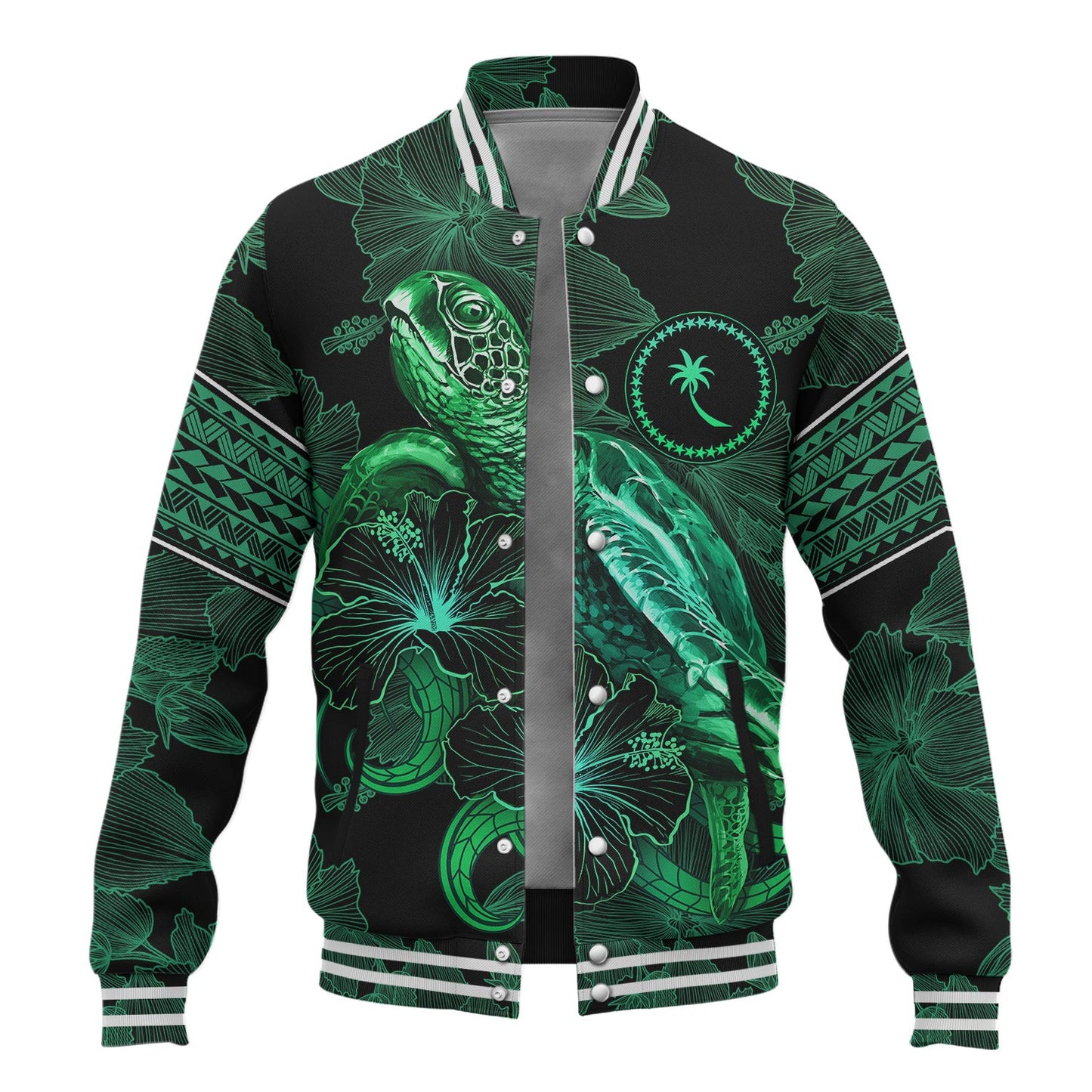 Chuuk State Baseball Jacket  Sea Turtle With Blooming Hibiscus Flowers Tribal Green