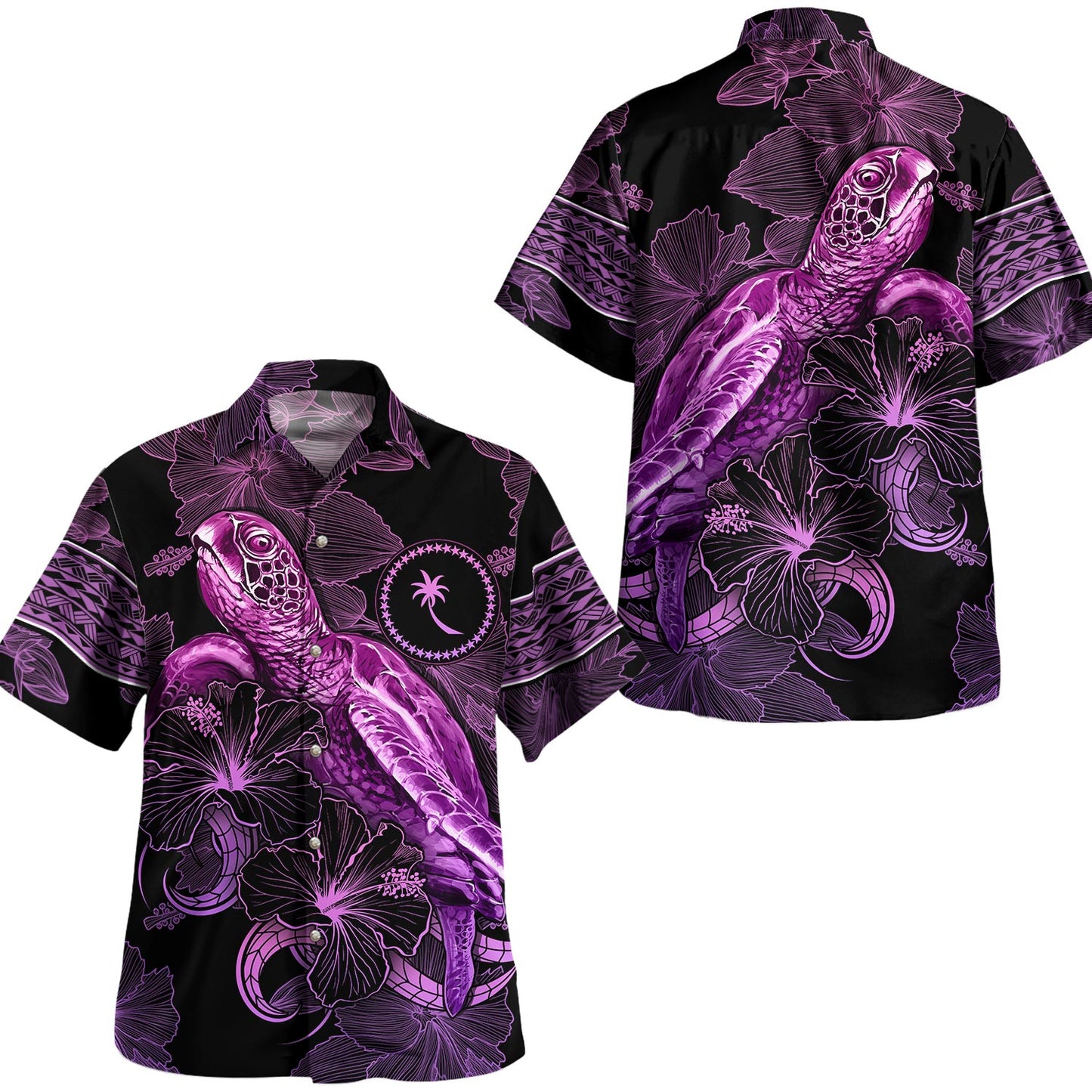 Kosrae Hawaiian Shirt Sea Turtle With Blooming Hibiscus Flowers Tribal Purple