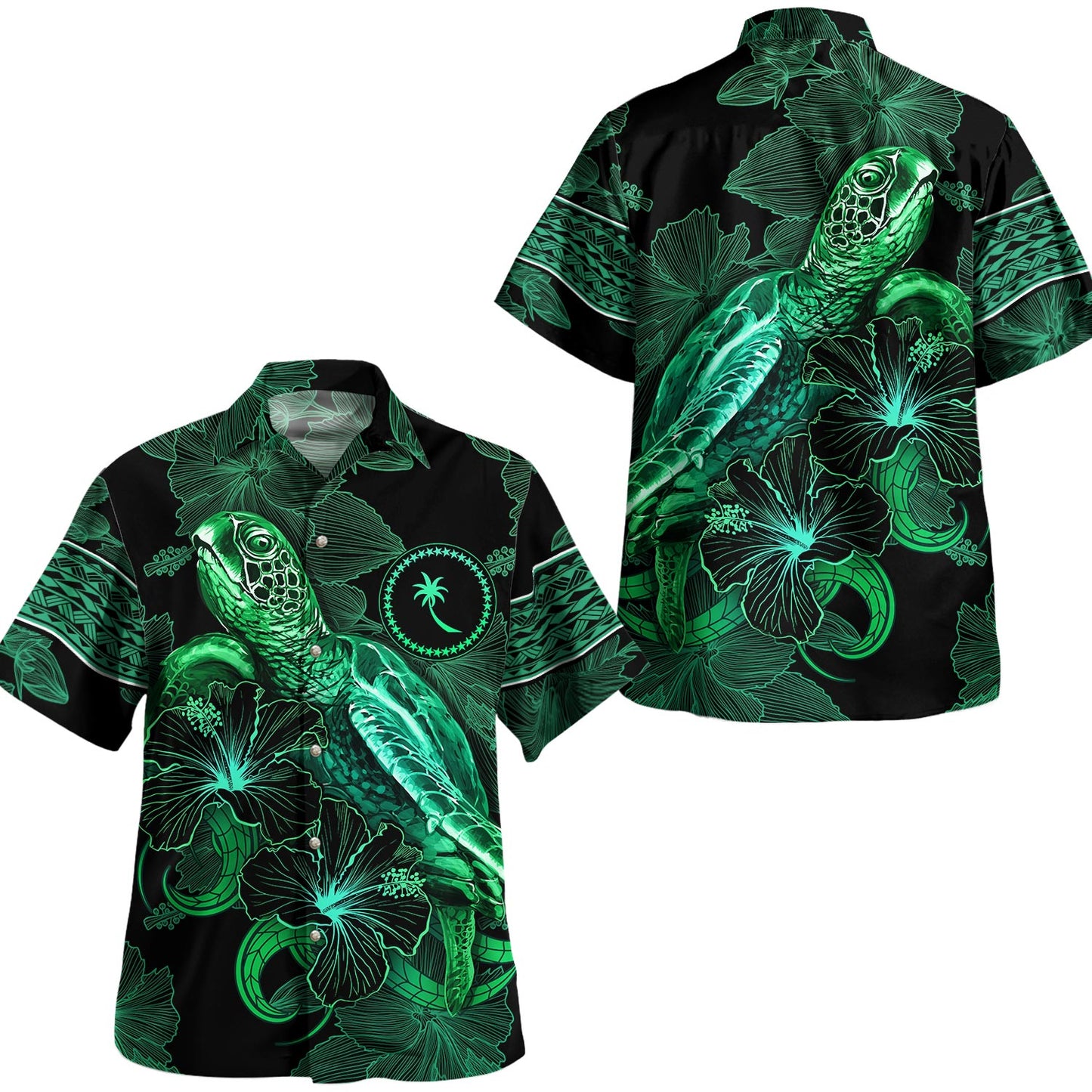Kosrae Hawaiian Shirt  Sea Turtle With Blooming Hibiscus Flowers Tribal Green